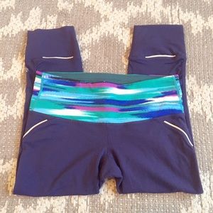 Athleta Navy Leggings with Teal & Purple Accent Waistband